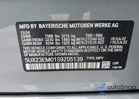 2025 BMW X7 xDrive40I from USA, damaged, VIN 5UX23EM01S9Z05139